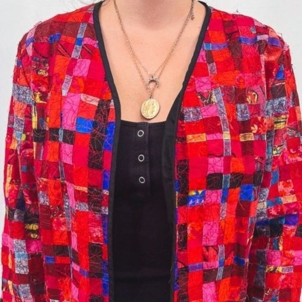 Chico's Women Red Silk Blend Patchwork Ribbon Woven Open Front Jacket Size 0 S - Picture 2 of 6